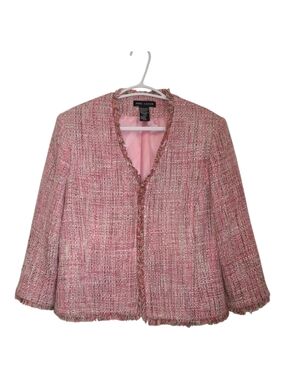 Anne Carson Silk Blend Rose-Pink Tweed Fringe Collarless Jacket Medium